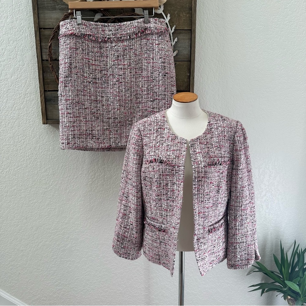 WHBM pink black‎ metallic textured skirt blazer suit matching set ladies 12 NWT